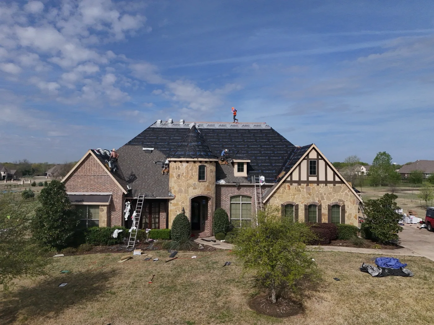 Residential roof installation in progress on a North Texas home, used as a representative service-area image for Frame Restoration's Fort Worth roofing page